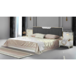 la chambre hurim blanc 160x200 offre un ensemble élégant et fonctionnel avec un lit à rangement intégré, une armoire blanche assortie, une commode avec miroir et deux tables de nuit. fabrication turque de qualité pour une ambiance lumineuse et raffinée.