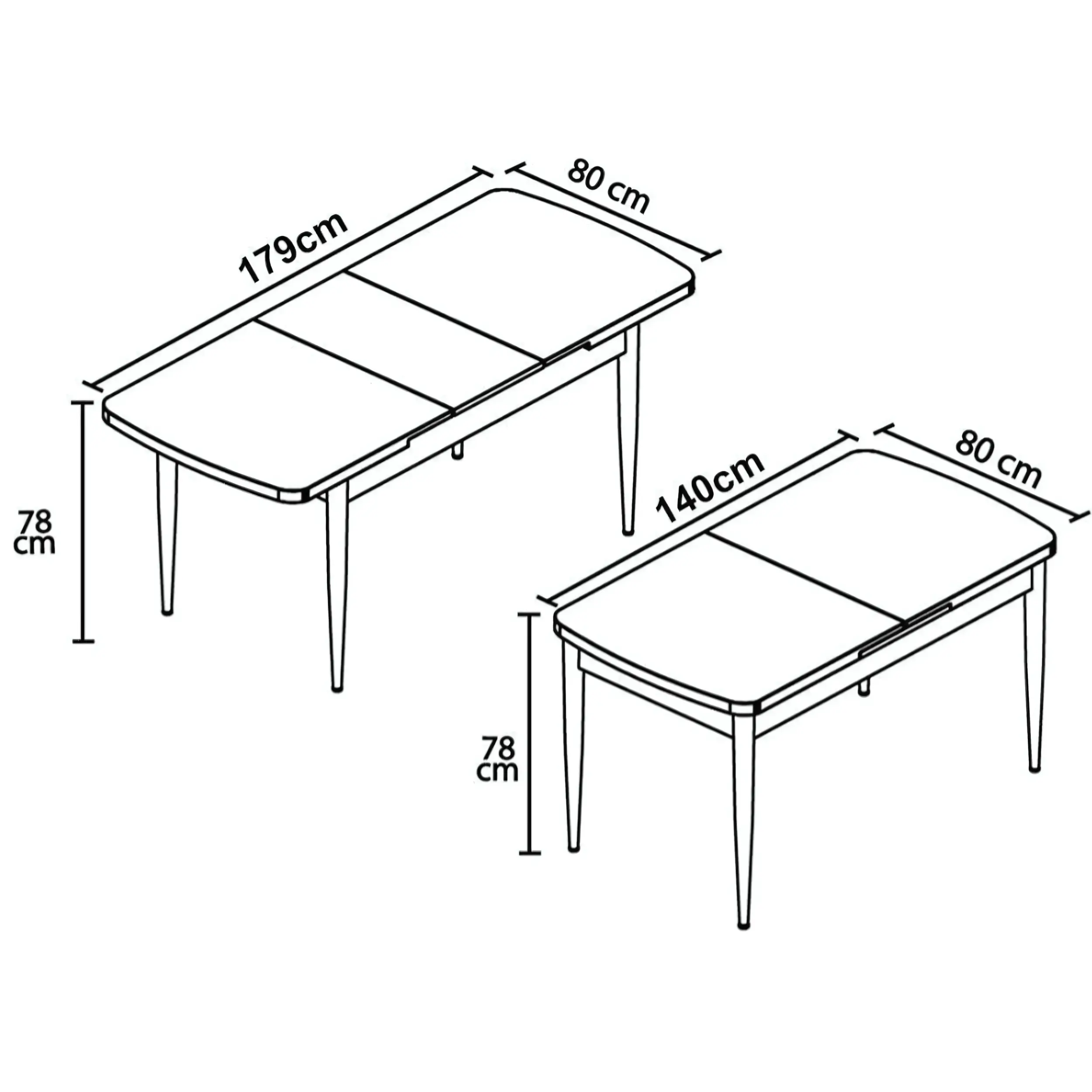 dimensions salle à manger Piro 140x80 extensible 179x80 hauteur 78 cm